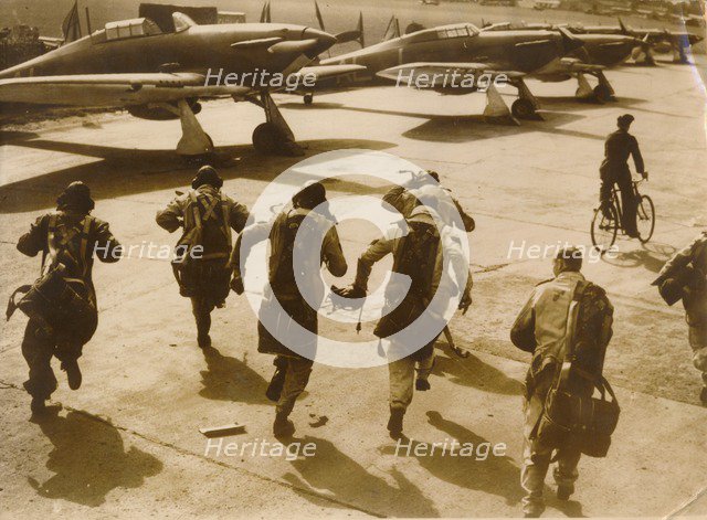 Pilots running to their aircraft, Battle of Britain, 1940. Artist: Unknown