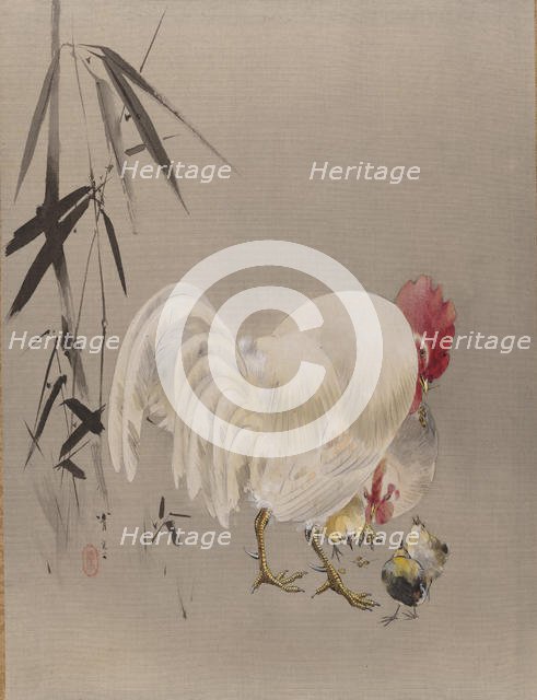 Rooster and Hen with Chicks, ca. 1887. Creator: Watanabe Seitei.