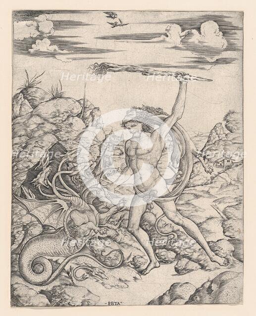 Hercules and the Hydra; wielding a torch he attacks the winged, multi-headed Hydr..., ca. 1500-1520. Creator: Cristofano di Michele Martini.