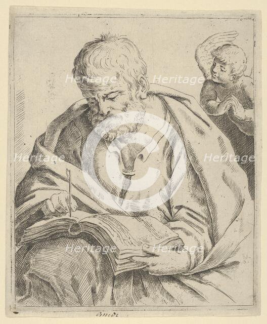 Old man seated and writing in a book, an angel at right looking over his shoulder,..., 17th century. Creator: Anon.