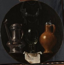 Emblematic Still Life with Flagon, Glass, Jug and Bridle, 1614. Creator: Johannes van der Beeck.
