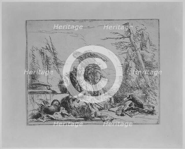 Chained Woman and Other Figures Regarding a Pyre of Bones, from the Capricci, 1743. Creator: Giovanni Battista Tiepolo.