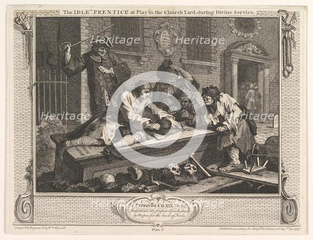 The Idle 'Prentice at Play in the Church Yard (Industry and Idleness, plate 3), September 30, 1747. Creator: William Hogarth.