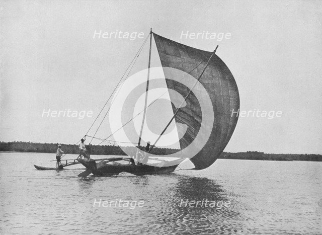 'Outrigger Canoe in Full Sail on Negombo Lake', c1890, (1910). Artist: Alfred William Amandus Plate.