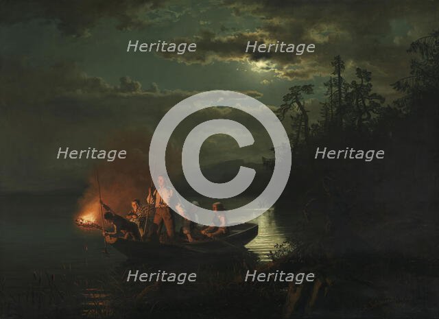 Spear Fishing on Lake Kroderen, 1851. Creator: Adolph Tidemand.