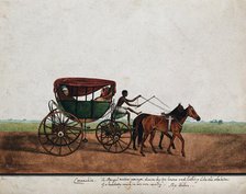 Four people travelling in a carriage drawn by two horses, (between 1800 and 1899?). Creator: Unknown.
