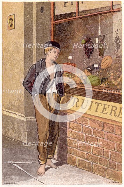 Temptation: A poor shoeless boy looking longingly at fruit on display in a shop window, c1880. Artist: Unknown