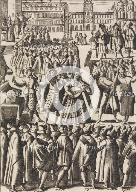 Intartenimento che dano ogni giorno li Ciarlatani in Piazza di S. Marco al Populo..., ca. 1610. Creator: Giacomo Franco.