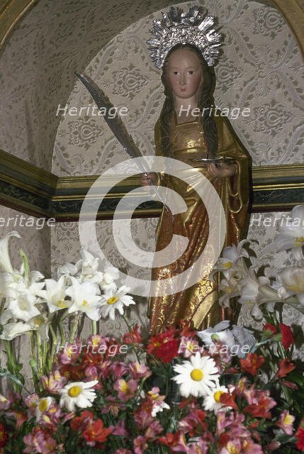 Wood carving of Saint Lucy, Hermitage of St Lucy, Puntallana, La Palma, Canary Islands, 2001. Creator: LTL.