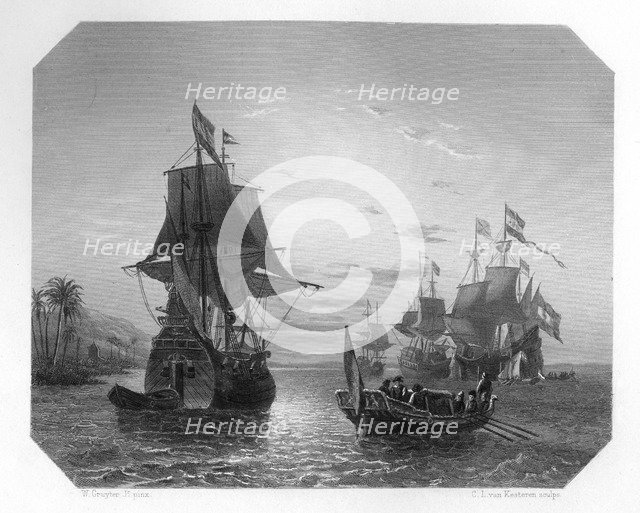 The first Dutch ship in East Indies, 1596, (c1870).  Artist: Van Kesteren