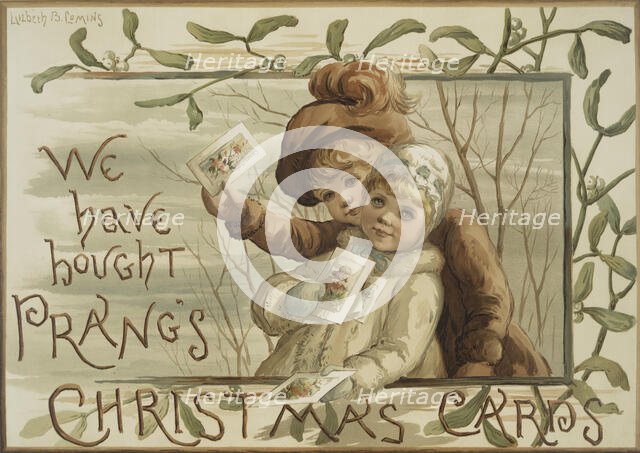 We have bought Prang's Christmas cards. [Poster depicting children carrying..., c1865 - 1899. Creator: Elizabeth Barker Comins.