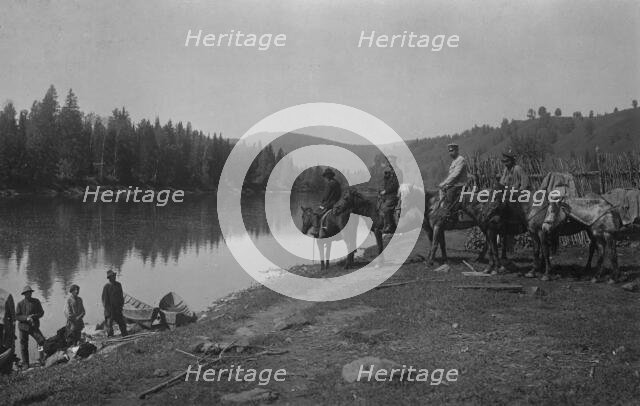 The Land-Management Expedition Boats and Horses on the Mrassu River Shore, Near the Ulus..., 1913. Creator: GI Ivanov.
