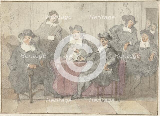 Group portrait of six men sitting and standing around a table, 1700-1800. Creator: Anon.