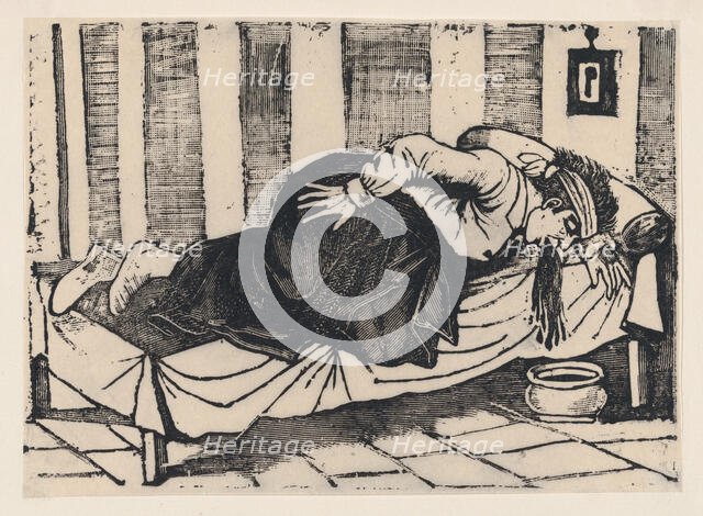 A man leaning over the side of a bed vomiting, from a broadside entitled 'Death of Aurelio..., 1892. Creator: José Guadalupe Posada.