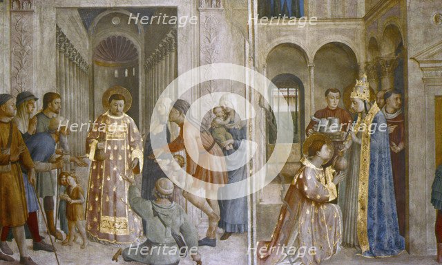 Pope Sixtus II gives church treasure to St Laurence, mid 15th century.  Artist: Fra Angelico
