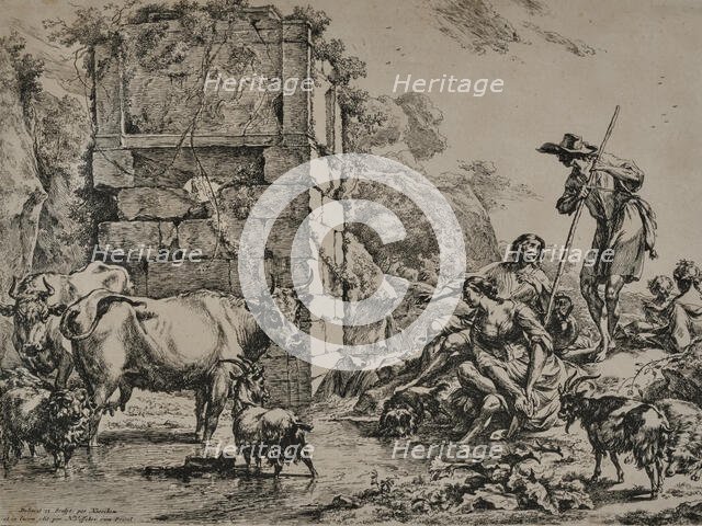 The Cows At The Watering Place (The Cow Drinking), 1680. Creator: Nicolaes Berchem.