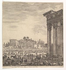 The columns of the Temple of Antoninus to right, a part of the Campo Vaccino in center and..., 1656. Creator: Stefano della Bella.