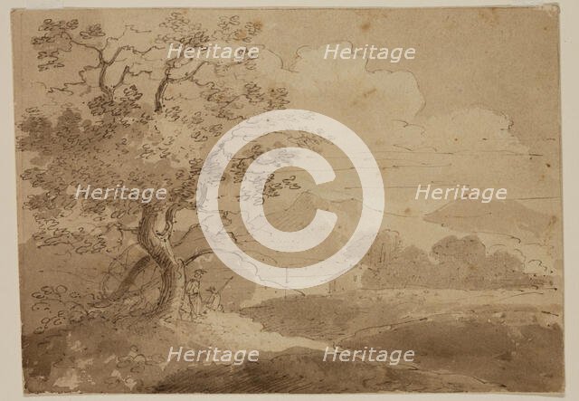 Landscape: Large Trees in Foreground, Two Figures, House, Lake and Mountains, c1820-1848. Creator: Thomas Cole.