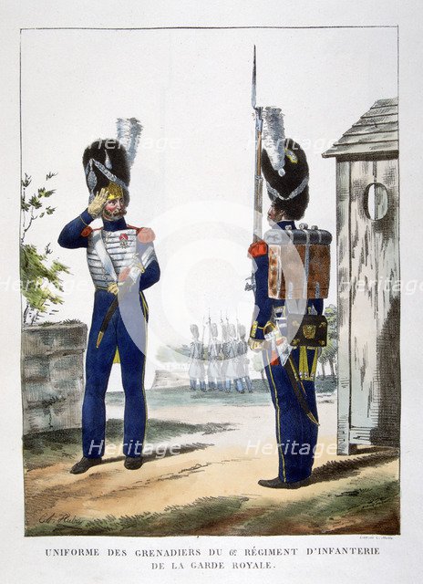 Uniforms of the grenadiers.. of the French royal guard, 1823.  Artist: Charles Etienne Pierre Motte