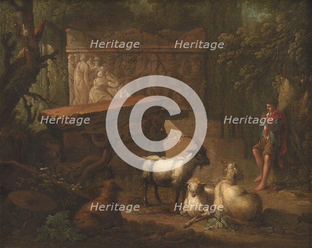 Overgrown ruins, with shepherd and goats in foreground, 1745-1786. Creator: Johan Edvard Mandelberg.