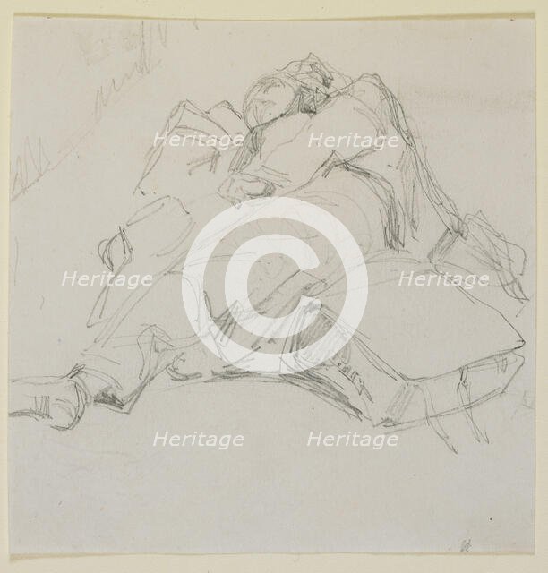 A man asleep on a pile of luggage, 1858. Creator: James Abbott McNeill Whistler.