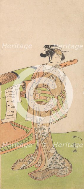 The Actor Iwai Hanshiro IV in Female Role, Standing Beside a Litter, 1726-1792. Creator: Shunsho.