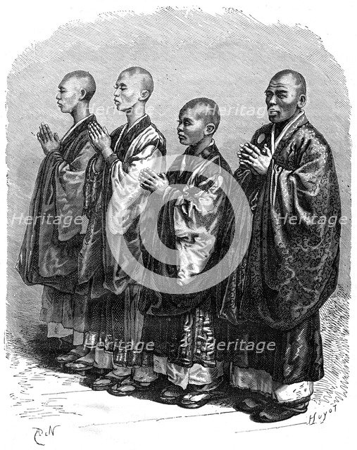 Buddhists in prayer, Japan, 19th century.Artist: A de Neuville