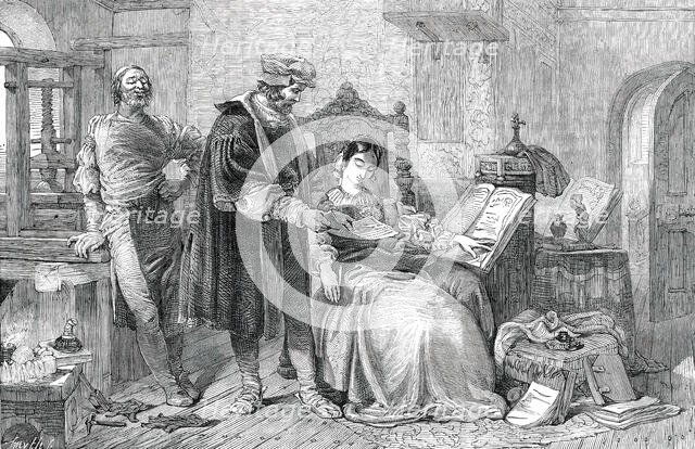 British Institution Exhibition - "The First Impression" - painted by H. Selous, 1850. Creator: Smyth.