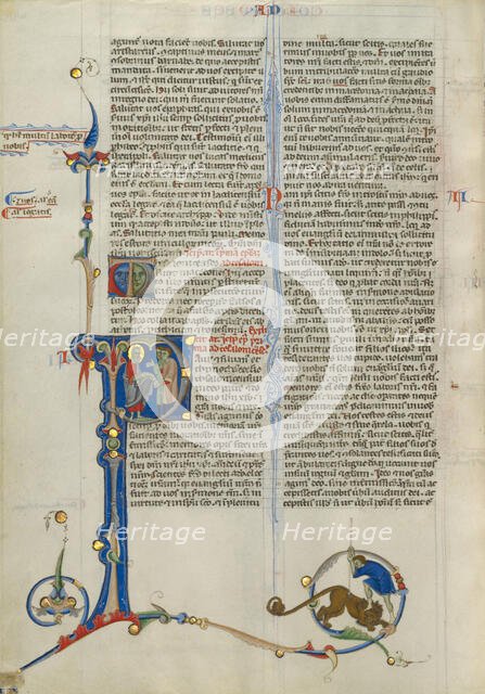 Initial P: Saint Paul Giving Two Men a Scroll; Abbey Bible, about 1250-1262. Creator: Unknown.
