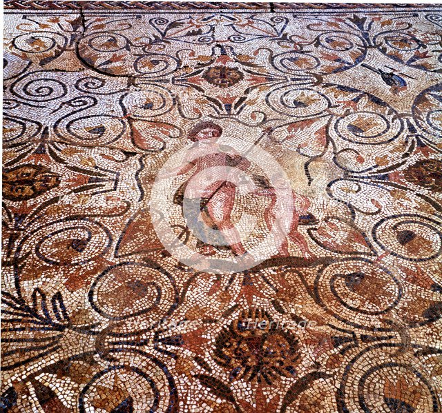 Mosaic, detail of the mosaic in a room of the Roman house in Merida Amphitheater.