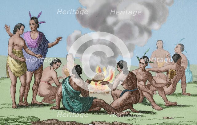 Seminoles Indians celebrating seated around a fire, Florida, 16th century, (1837) (1850).  Creator: Emile Louis Vernier.