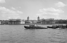 Royal Naval College, Greenwich, and tug boat on the River Thames, c1945-c1965. Artist: SW Rawlings
