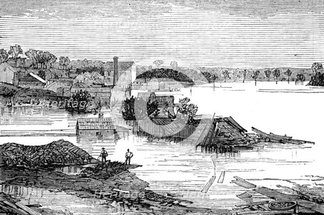 Inundations in the United States: Cumberland River, looking up stream, from Clarksville, 1874. Creator: Unknown.