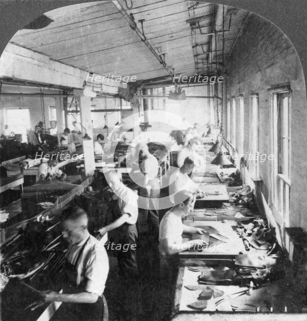 Workers cutting leather for shoes in a factory, Lynn, Massachusetts, USA, 20th century. Artist: Keystone View Company