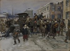 Hungry workmen in Petrograd robbing a military lorry of bread, 1920.