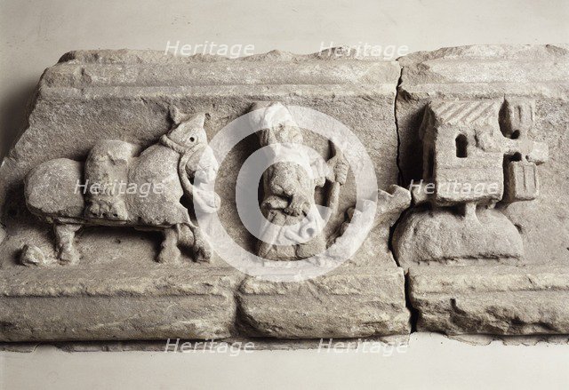 Stone carving depicting milling, museum of Rievaulx Abbey, North Yorkshire, c2013.  Artist: Unknown.