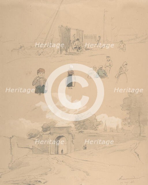 Study Sheet with Figures and Landscapes at Arnemuiden (near Middelburg..., mid-19th century. Creator: Pierre Louis Dubourcq.