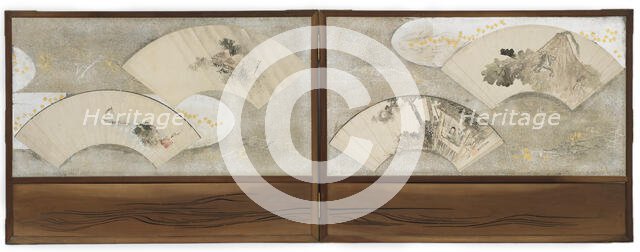 Four fan paintings mounted on a screen... Creator: Hokusai.