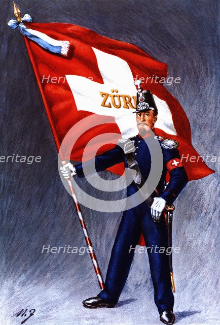 Flag bearer from the canton of Zurich, c. 1852. Color engraving from 1943, published by Editions …