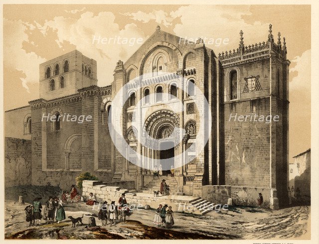 Cathedral of Zamora with villagers, life and traditional costumes of the time.