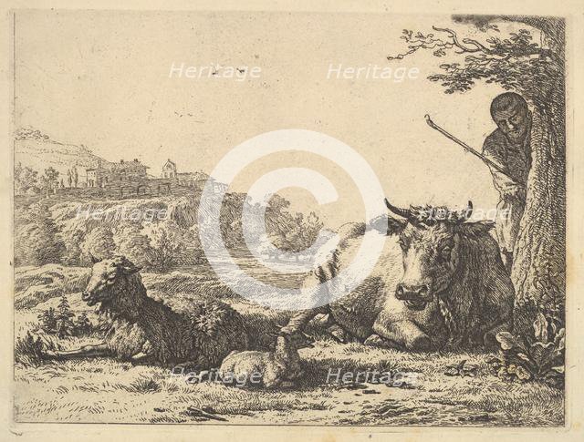 Cow, adult sheep, and young sheep lying in the grass; beyond, a shepherd stands partially ..., 1656. Creator: Karel Du Jardin.