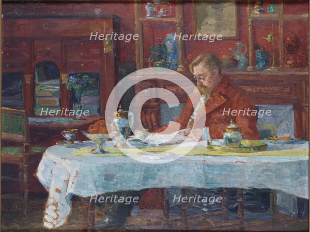 Émile Verhaeren (1855-1918) at the table, 1900. Creator: Verhaeren, Marthe (1860-1931).