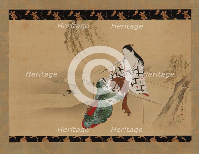Landscape: a yujo sitting on a bench, 18th century. Creator: Miyagawa Choshun.