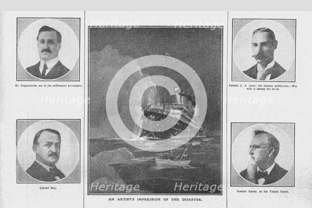 'An Artist's Impression of the Disaster', and portraits of related people, (April 20), 1912. Creator: Unknown.