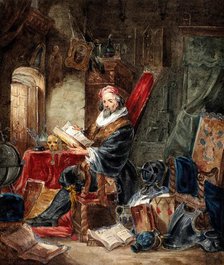 An alchemist reading in a romanticised laboratory setting, 19th century. Creator: Unknown.