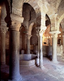 Baptistery of San Miguel de Egara in Terrassa, interior view with columns arranged around the font.