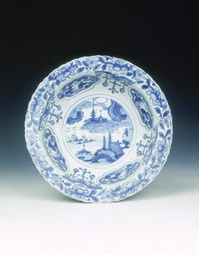 Kraak blue and white klapmuts bowl with pagoda and seascape, late Ming dynasty, China, c1610. Artist: Unknown