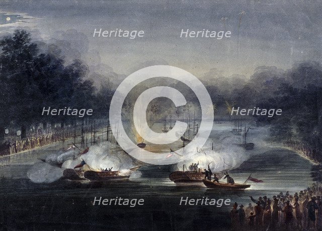 View of a sham fight on the Serpentine, Hyde Park, London, 1814. Artist: Charles Calvert