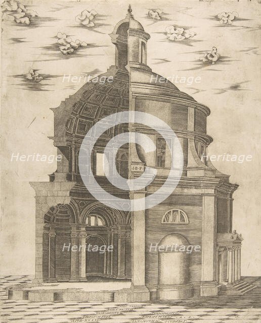 Exterior and interior section of a temple in Rome dedicated to Neptune, 1541. Creator: Giulio Bonasone.