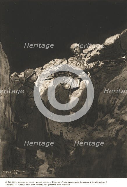 Sentry duty; The Colonel, inspecting his trenches during a night of high alert.., 1917. Creator: Unknown.